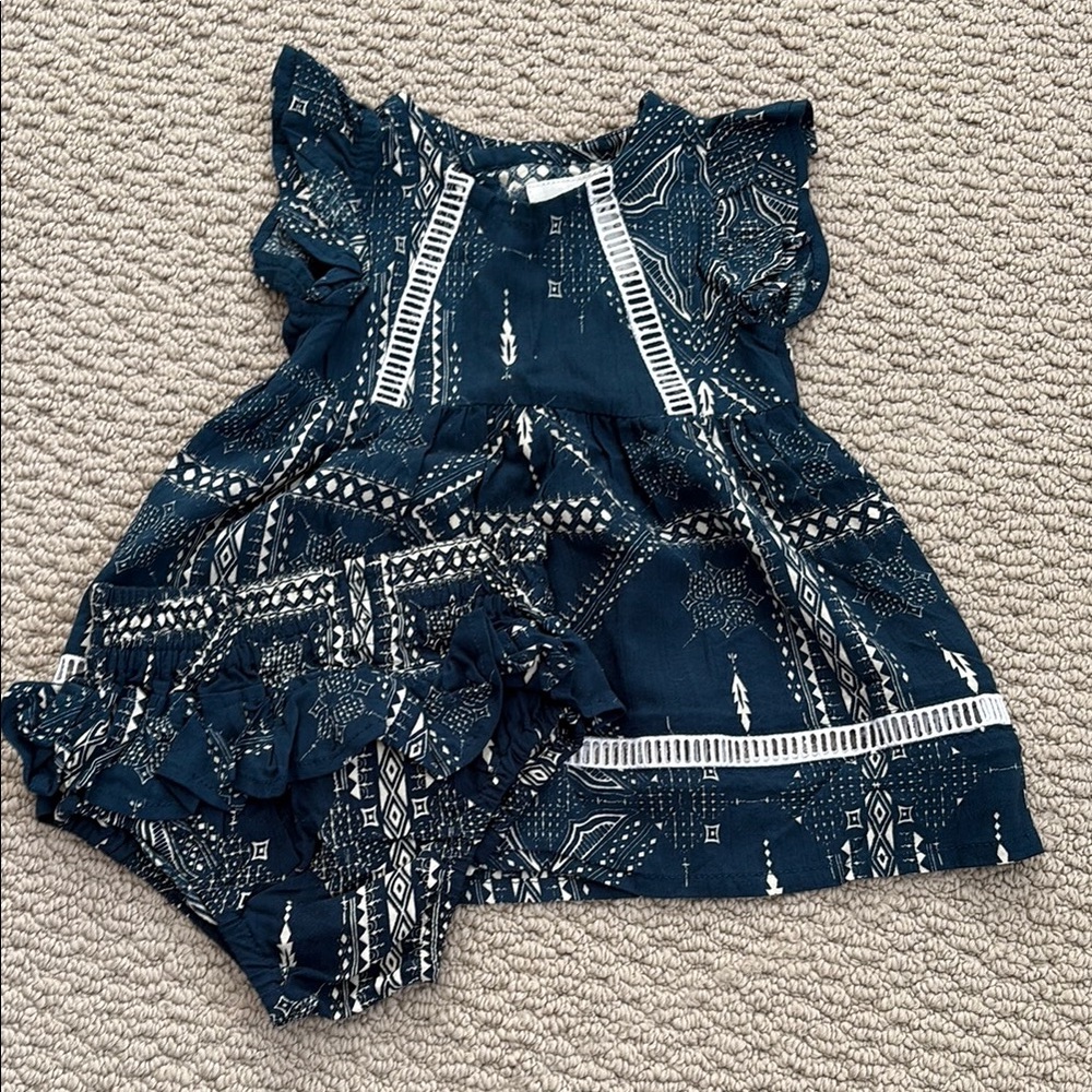 Cleobella blue & white ruffle dress with bloomers